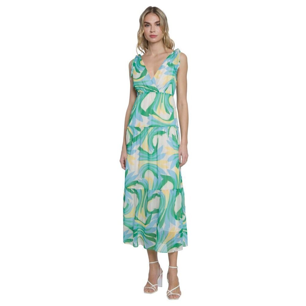 Donna Morgan Glitter Stripe Tiered Maxi Dress  Ties Green Blue White Sz 12